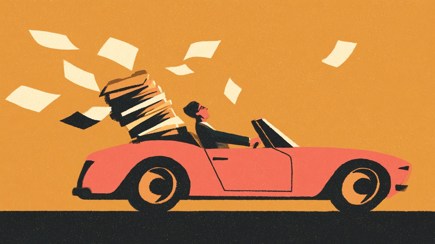 Clinical documentation flies out the back of a convertible while the driver races down the highway. 