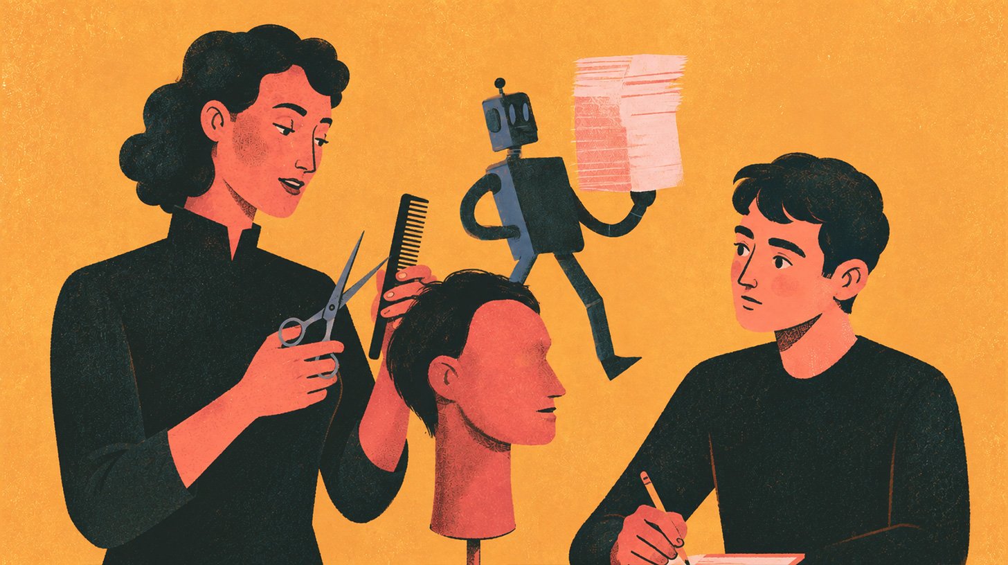 An instructor demonstrates a hands-on skill while a student takes notes as a small robot carries a stack of papers, representing how AI supports administrative tasks while instructors focus on teaching and student learning.