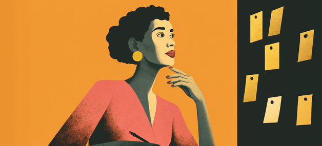 Illustration of a woman with short curly hair and gold earrings, holding a pen and looking thoughtfully at a wall with several pinned notes.