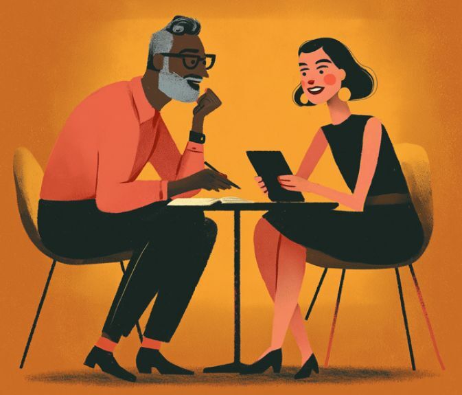 Illustration of two people sitting at a small table, engaged in conversation. One holds a tablet, and both are smiling against a yellow background.